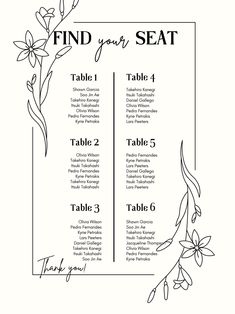 a seating chart for a wedding with flowers and leaves on the side, in black and white