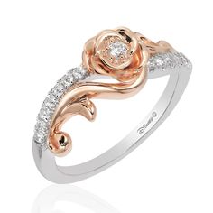 Disney Belle Inspired Diamond Rose Ring in 10K White & Rose Gold 1/5 CTTW | Enchanted Disney Fine Jewelry Beauty And The Beast Inspired Engagement Rings, Enchanted Disney, Enchanted Disney Fine Jewelry, Disney Belle, Bridal Jewelry Collection, Rose Ring, Rose Gold Metal, Latest Jewellery, Engraved Items