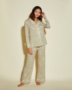 Bella Petite PJs lounge and sleepwear set designed for Petite frames (5'3 and under). Printed, super soft Peruvian Pima cotton and modal set with contrast or tonal piping. Classic fit with shorter sleeves and shorter pants for petite frames. Drawstring waist pants with long sleeve button down top. Chest patch pocket and lapel collar. Cold water wash and hang to dry. Do not dry in the dryer. Cream Cotton Sleepwear For Loungewear, Pants For Petite, White Pajamas, Drawstring Waist Pants, Fits With Shorts, Sleepwear Sets, Sleepwear & Loungewear, Cotton Set, Waist Pants