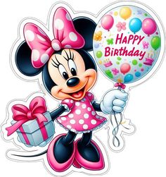 a minnie mouse holding a birthday balloon