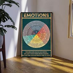 a poster with the words emotions on it next to a potted plant