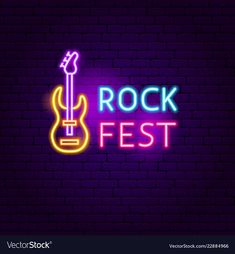 rock festival neon sign with guitar on brick wall