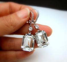 Swarovski clear white faceted foiled back vintage style rectangle step-cut drop with white gold plated bezel frame pendant. White gold plated brass bail decorated with luxury cubic zirconia. Comes with standard 16 or 18 inch sterling silver chain. Pendant size with bail: 3.8cm x 1.5cm Free shipping within US Earrings sold separately. https://www.etsy.com/listing/155251373/wedding-jewelry-wedding-earrings-bridal?ref=shop_home_feat_3 Bracelet. https://www.etsy.com/listing/170614111/wedding-bridal- Wedding Bridesmaid Jewelry, Womens Earrings Studs, Jewelry Bridesmaid, Wedding Bridal Jewellery, Clear White, Wedding Jewellery Necklace, Diamond Drops, Prom Party, Fine Earrings