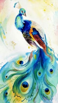 a painting of a peacock sitting on top of a blue and yellow bird's tail