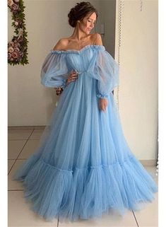 Description：FashionSierra - 2023 Long Sleeve Off The Shoulder Gauze Princess Prom Dresses ? window.adminAccountId=237571081; Blue Tulle Prom Dress, Tulle Prom Dress Long, Prom Dresses Elegant, 파티 드레스, Tulle Evening Dress, Long Sleeve Prom, Blue Wedding Dresses, Blue Tulle, فستان سهرة