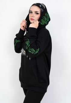 "Black hoodie with a white \"BURNING\" print on front and green flames on hood and sleeves. The model is 167 cm tall and wears size XL. JOIN US ON INSTAGRAM 🌹 http://instagram.com/blvck.pl 🏷 PRODUCT DETAILS 🏷 Hand-printed Unisex 80% High-quality Cotton 20% Polyester Made in Poland 📏 SIZING & FIT 📏 All our sweatshirts and T-shirts are unisex. Measurements (width/length) S - 54/67 cm (21\"/26\") M - 57/69 cm (22.5\"/27\") L - 60/71 cm (23.5\"/28\") XL - 63/73 cm (25\"/29\") XXL - 65/76 cm Green Techwear Hoodie, Green Techwear Hooded Hoodie, Green Hoodie With Adjustable Hood For Streetwear, Green Double-lined Hoodie For Streetwear, Alternative Hooded Sweatshirt For Streetwear, Alternative Style Hoodie For Streetwear, Trendy Hoodie With Drawstring For Streetwear, Green Hoodie With Drawstring For Streetwear, Alternative Hoodie Sweatshirt For Streetwear