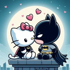 hello kitty and batman kissing in front of the moon