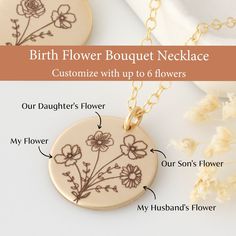 Select the flowers and we'll create this personalized Birth Flower Bouquet just for you!! Our birth flower disc necklaces are great for layering, a wonderful minimalist piece, perfect gift for your wife, girlfriend, grandma or simply to treat yourself! Engraved and hand crafted with care and love, it comes in 14k gold fill, rose gold fill, or sterling silver.   HOW - TO - ORDER - & - PERSONALIZE 1. Select your options from the drop down menu  2. Add to cart (repeat for multiple items) 3. Go to c Birth Flower Pendant Necklace As Gift For Mom, Birth Flower Pendant Jewelry For Gifts, Birth Flower Pendant Necklace As Gift, Birth Flower Pendant Jewelry For Memorial, Personalized Birth Flower Pendant Jewelry, Birth Flower Bouquet, Flower Necklace Gold, Morse Code Necklace, Poppy Necklace