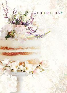 a wedding cake decorated with flowers and greenery on a pedestal against a floral background