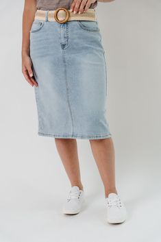 Nothing says summer like a light wash denim skirt! The 'Jamie' is sure to be your new favorite with its high-waist fit and subtle stretch. Functional front and back pockets are also the perfect place to stash all your small essentials! Pair the 'Jamie' with a tee and white sneakers for a day out on the town! 97% Cotton 3% Spandex Machine Wash Cold Do Not Bleach Hang to Dry Low Iron if Needed Model Height 5'6" | Wearing Size 6 Please carefully measure a similar item before placing your order to a Summer Stretch Denim Skirt Straight Leg, Light Wash Mid-rise Denim Skirt, Light Wash High Waist Stretch Denim Skirt, High Waist Light Wash Stretch Denim Skirt, High Waist Stretch Light Wash Denim Skirt, High Rise Light Wash Denim Skirt, Light Wash Denim Skirt With Pockets For Spring, Spring Light Wash Denim Skirt With Pockets, Light Wash Mid-rise Summer Skirt