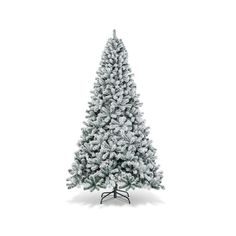 a white christmas tree with snow on the top and bottom branches, in front of a white background