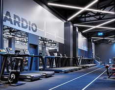 an indoor gym with rows of treadmills and exercise machines in the background,