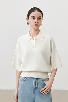 Fibflx Women's Silk Blend Drop Shoulder Short Sleeve Knit Polo Oversized Polo, Short Sleeve Knit Top, Polo Outfit, Female Tops, Fashion Silhouette, Knit Texture, Simple Blouse, Knit Polo, Linen Jacket