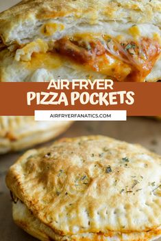 an air fryer pizza pockets with cheese and sauce on top, and the words air fryer pizza pockets above it