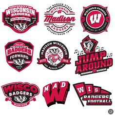 several different logos and emblems for various sports teams, including the wisconsin badger basketball team