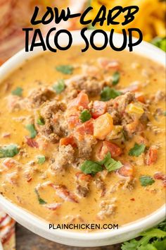 low carb taco soup in a white bowl