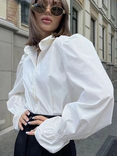 Tavimart White Shirt Women Elegant Lapel Puff Sleeve Blouses Autumn Female Casual Loose Ruched Tops Office Lady Fashion Chic Button Shirt White Blouson Sleeve Button-up Blouse, White Button-up Blouse With Blouson Sleeves, Daywear Puff Sleeve Shirt With Button Cuffs, Puff Sleeve Shirt With Button Cuffs For Daywear, Daywear Shirt With Puff Sleeves, Puff Sleeve Blouson Shirt For Daywear, Workwear Puff Sleeve Top With Buttons, Chic Tops With Bishop Sleeves And Buttons, White Button-up Top With Blouson Sleeves