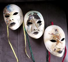 Here are three fantastic matching all handmade & hand painted authentic papier mache masks from Venezia Italy, signed by the artist Max.  These are truly unique & special; real art, not mass produced Venetian masks. They will make stunning wall decor, but they can also be worn for various festivals. Their size is 9" x 6" & about 3" deep. If you have any questions, please feel free to ask. Thank you for stopping by! Artistic Costume Masks For Festivals, Artistic Masks For Costume Festivals, Artistic Hand Painted Masks For Carnival, Artistic Hand-painted Masks For Carnival, Artistic Hand Painted Masks And Prosthetics For Carnival, Artistic Masks For Carnival And Art Events, Artistic Masks For Art Events, Venezia Italy, Venetian Masks