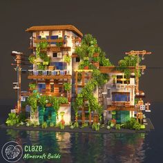 a large building with lots of windows and plants on the roof is floating in the water