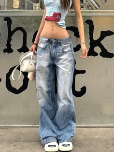 2000s Aesthetic Jean Kpop Punk - Cherryourshop Casual Wide Leg Jeans, Low Rise Straight Jeans, Straight Jeans Women, Jeans Outfit Summer, Denim Decor, Vintage Hip Hop, Summer Retro, Brand Clothes, Harajuku Streetwear