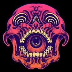 an eye in the middle of a skull's head with pink and purple colors