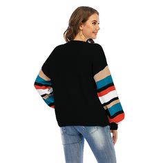 Black Splice Multicolor Stripe Long Sleeve Sweater Black Long Sleeve Sweater With Splicing, Black Sweater With Striped Sleeves For Winter, Black Long Sleeve Tops With Color Matching, Black Color Block Sweater For Layering, Black Patchwork Crew Neck Sweater, Black Crew Neck Sweater With Patchwork, Black Striped Sleeve Sweater For Fall, Black Color Block Sweater For Winter, Black Sweater With Striped Sleeves For Fall