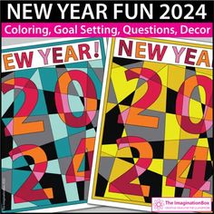 two new year's greeting cards with numbers on them and the words, new year fun