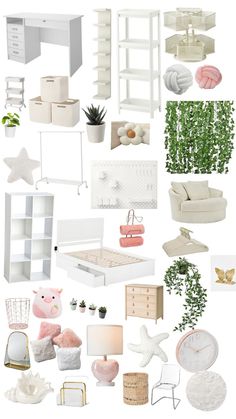 a collage of white furniture and accessories with plants in the middle, including bookshelves