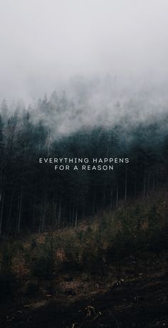 the words everything happens for a reason written in front of a foggy forest background