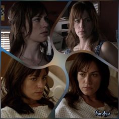 three pictures of the same woman in different roles, one with brown hair and one with blue eyes