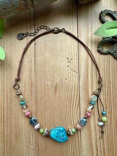 Earthy Brights Short Straight Across Necklace – Artistic Works By Lu Leather Beaded Necklace, Cord Necklaces, Bright Shorts, Earthy Jewelry, Charms Necklace, Boho Style Jewelry, Pearl Crystal, Handmade Jewelry Diy, Jewelry Design Necklace