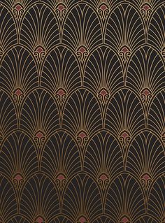 an art deco wallpaper design with gold and black fan pattern on the back ground