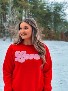 LOVE is in the air! One of our NEW ARRIVALS!! SO CUTE!! Get ready for Valentine's Day with this Light Pink LOVE Chenille Red Sweatshirt! Soft, cute, comfy, and chic!!<3 Unisex sizing and fit Sizes: Small - 3XL SPECIAL CARE - WASHING INSTRUCTIONS: Hand washing and air drying are always best for these items. Wash on delicate, cold, and inside out. Always air dry to prevent lint from sticking to the letters and for longevity of your beautiful items! Cute Red Sweatshirt For Fall, Cute Red Crew Neck Sweatshirt, Red Long Sleeve Sweatshirt For Valentine's Day, Cute Red Tops For Valentine's Day, Chenille Sweatshirt, Air One, Red Sweatshirt, Soft Cute, Love Light