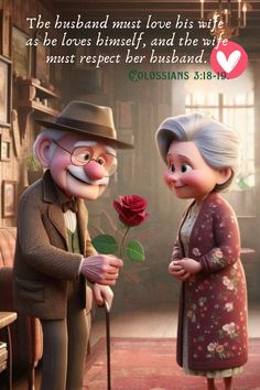 an old man and woman are talking to each other with a rose in their hand