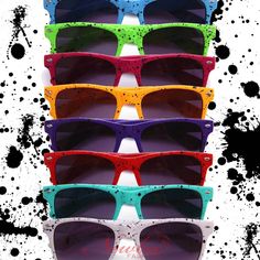 Untitled Document           Roll over image to display larger photo. Click on photo for more color options!     Red Teal White Purple     Orange Blue Cranberry Green     Item: KY8032-SK     Weather you like it or not, RETRO is back. Maybe it never left. These sunglasses feature 8 vibrant color and a splatter drip effect. You have teal, cranberry, purple, orange, red, white, green, and blue to choose from! These are wayfarer style sunglasses and feature a black gradient lens. No two sunglasses ar Drip Painting, Red And Teal, Retro 70s, Large Photos, Green Item, Purple Orange, E Bay, Green And Blue, Main Colors