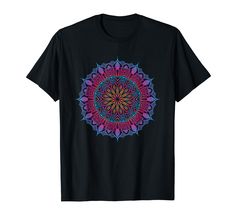 a black t - shirt with a colorful flower design on the front and back side