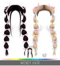 two ponytails with long hair and bows are shown in three different colors, one is light