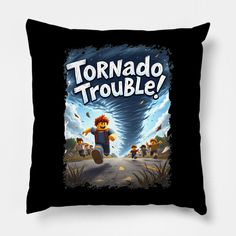 a black pillow with the words tornado trouble on it and an image of a man riding a