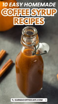 coffee syrup recipe in a glass jar with cinnamon sticks