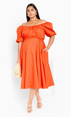 Rosabella Dress - tangerine Off Shoulder Square Neck Dress For Summer Brunch, Square Neck Off Shoulder Dress For Summer Brunch, Chic Solid Color Off-shoulder Midi Dress, Elegant Summer Off Shoulder Dress With Square Neck, Elegant Summer Off-shoulder Dress With Square Neck, Elegant Off Shoulder Square Neck Dress For Summer, Elegant Off Shoulder Square Neck Summer Dress, Spring Ruched Off Shoulder Midi Dress, Off-shoulder Orange Midi Dress For Summer