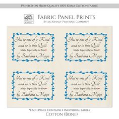 fabric panel prints with blue and red designs on the border, each one has an individual name