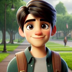 the animated character is smiling in front of a park with green grass and people walking on it