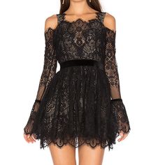 Off-shoulder Lace Trim Dress For Night Out, Chic Cocktail Dress With Lace Sleeves, Spring Party Off-shoulder Lace Dress, Spring Party Lace Dress Off-shoulder, Spring Off-shoulder Lace Party Dress, Off-shoulder Lace Mini Dress For Cocktail, Chic Evening Mini Dress With Lace Sleeves, Evening Off-shoulder Dresses With Lace Sleeves, Chic Mini Dress With Lace Sleeves For Evening