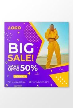 a purple and yellow flyer for a big sale