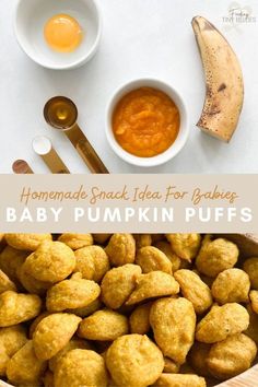 homemade snack idea for babies baby pumpkin puffs with peanut butter and banana on the side