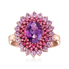 Ross-Simons - 1.10ct Amethyst, 1.10ct t. w. Ruby Ring, .50ct t. w. Rhodolite Garnet. Size 5. Experience a glamorous take on kaleidoscopic color! Our ultra-vibrant cocktail ring spotlights a 1.10 carat amethyst oval bordered by high-impact halos of 1.10 ct. t. w. ruby and .50 ct. t. w. rhodolite garnet rounds in polished 14kt rose gold. 5/8" wide. Ruby, rhodolite garnet and amethyst ring. Amethyst birthstones are the perfect gift for February birthdays. Fine Jewelry Rose Gold Round Amethyst Ring, Purple Oval Ruby Ring, Fine Jewelry, Elegant Rose Gold Multi-stone Amethyst Ring, Luxury Round Amethyst Gemstones, Rhodolite Garnet Ring, Amethyst Birthstone, February Birthday, Purple Jewelry, Rhodolite Garnet