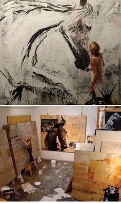 two pictures with different types of paintings on the wall and one has a horse in it