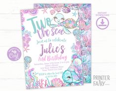 the mermaid birthday party is set up on a white wooden background with pink and blue watercolor