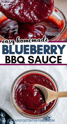 blueberry bbq sauce in a glass jar with a wooden spoon and text overlay that reads easy homemade blueberry bbq sauce