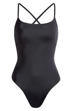 This timeless one-piece features a classic silhouette and an adjustable lace-up back for the perfect fit. Lined   Adjustable back tie closure   Cheeky back coverage   80% recycled nylon, 20% spandex   Hand wash, dry flat   Imported Black Strappy Back Swimwear With Tie Back, Chic Swimwear With Strappy Back For Swimming, Strappy Lace-up Back Swimwear For Poolside, Fitted Beachwear Swimwear With Lace-up Back, Fitted Swimwear With Lace-up Back For Swimming, Fitted Lace-up Back Beachwear Swimwear, Fitted Tie-back Bodysuit For Beachwear, Fitted Swimwear With Lace-up Back For Poolside, Fitted Swimwear With Tie And Strappy Back